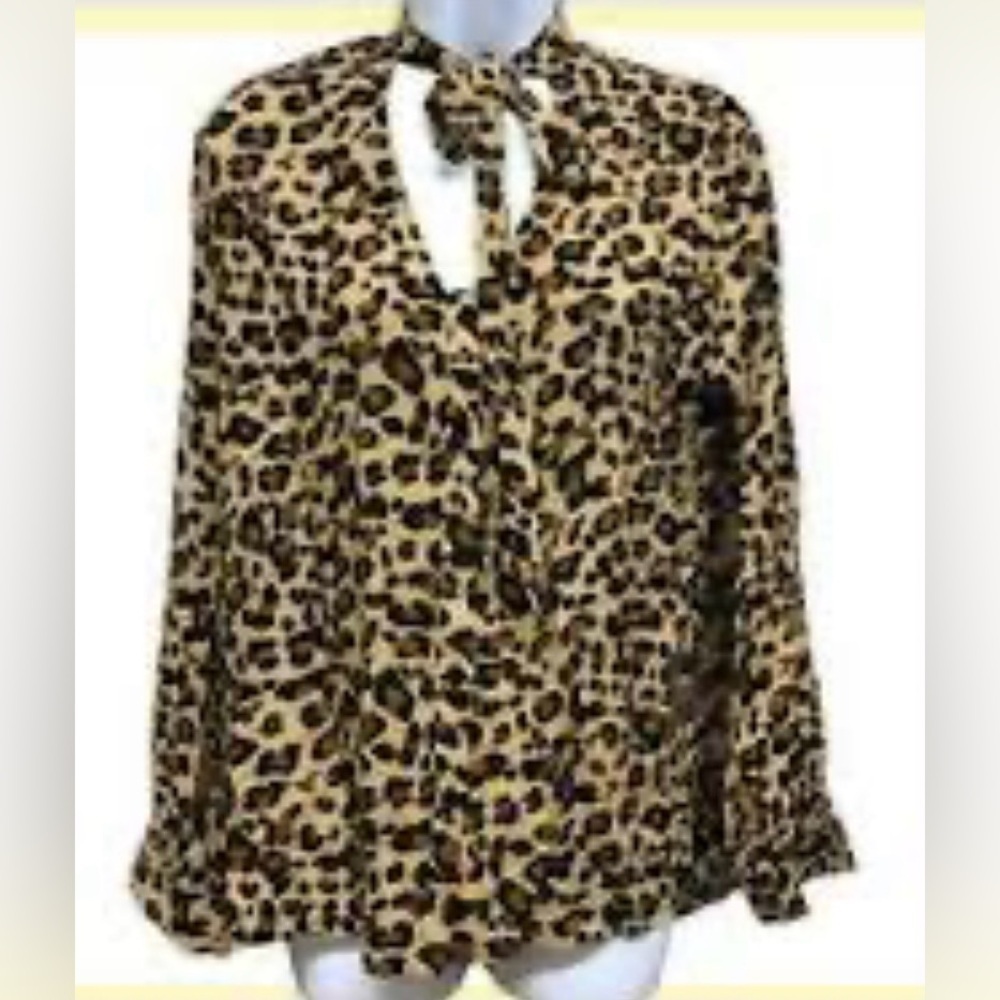 AMARYLLIS leopard print button up high low bow tie neck long sleeve NEW size 3X